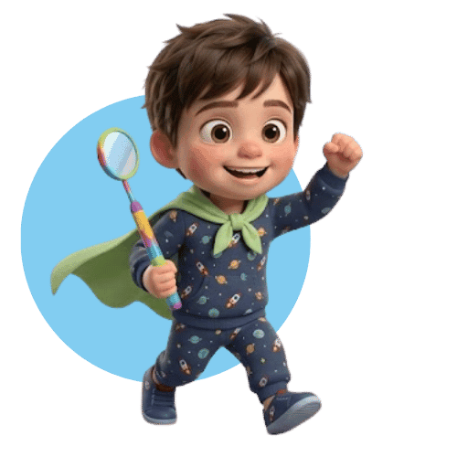 Child explorer running with a cape and a toy net.